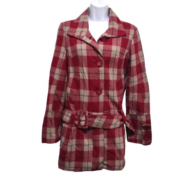 BB Dakota Red Plaid Rayon Peplum Coat - Picture 4 of 10